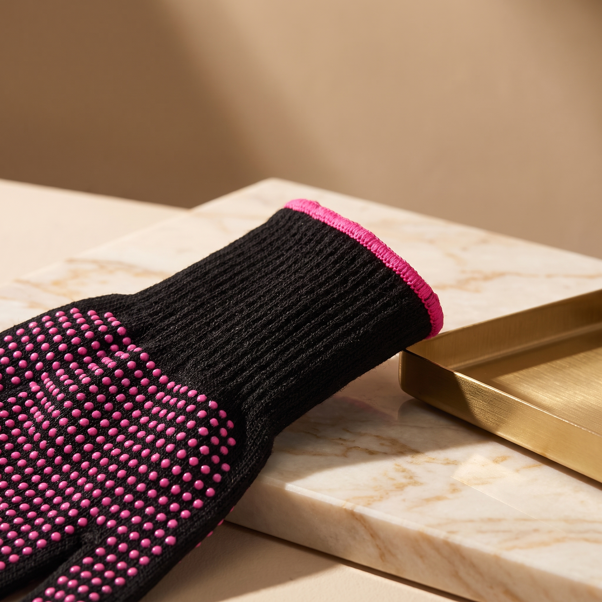 Nahaufnahme der Silikon-Grip-Noppen und des pinken Stoßrands der Seluna Hitzeschutz-Handschuhe